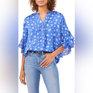 Vince Camuto Floral Flutter Sleeve Blouse Deep Blue Size Small